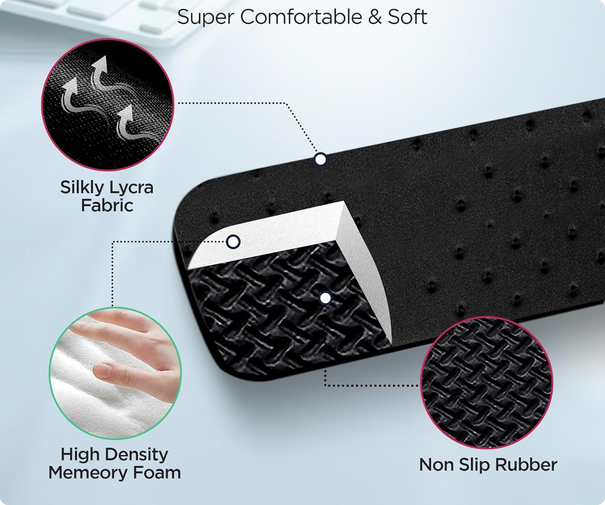 Black insole with text highlighting features like comfort, fabric type, memory foam, and non-slip rubber.